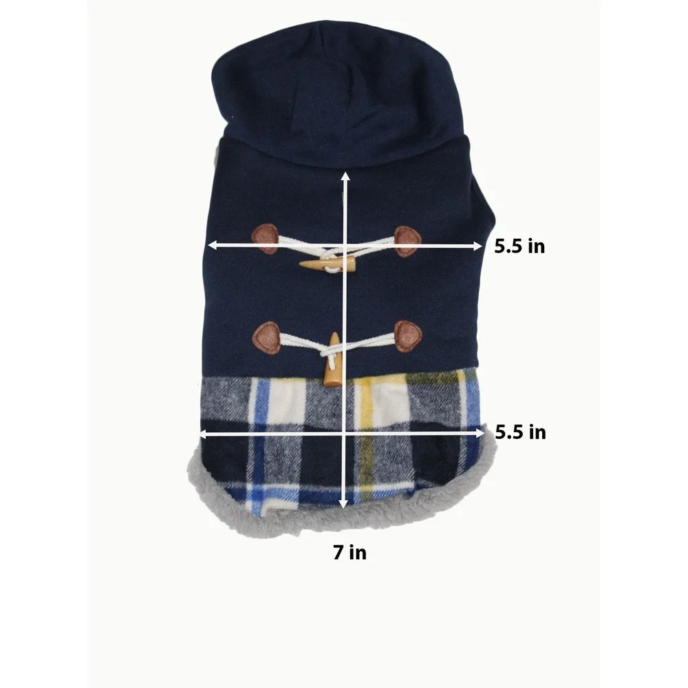 Navy Blue Plaid Dog Hoodie Jacket with Toggle Buttons and Fleece Lining XXS